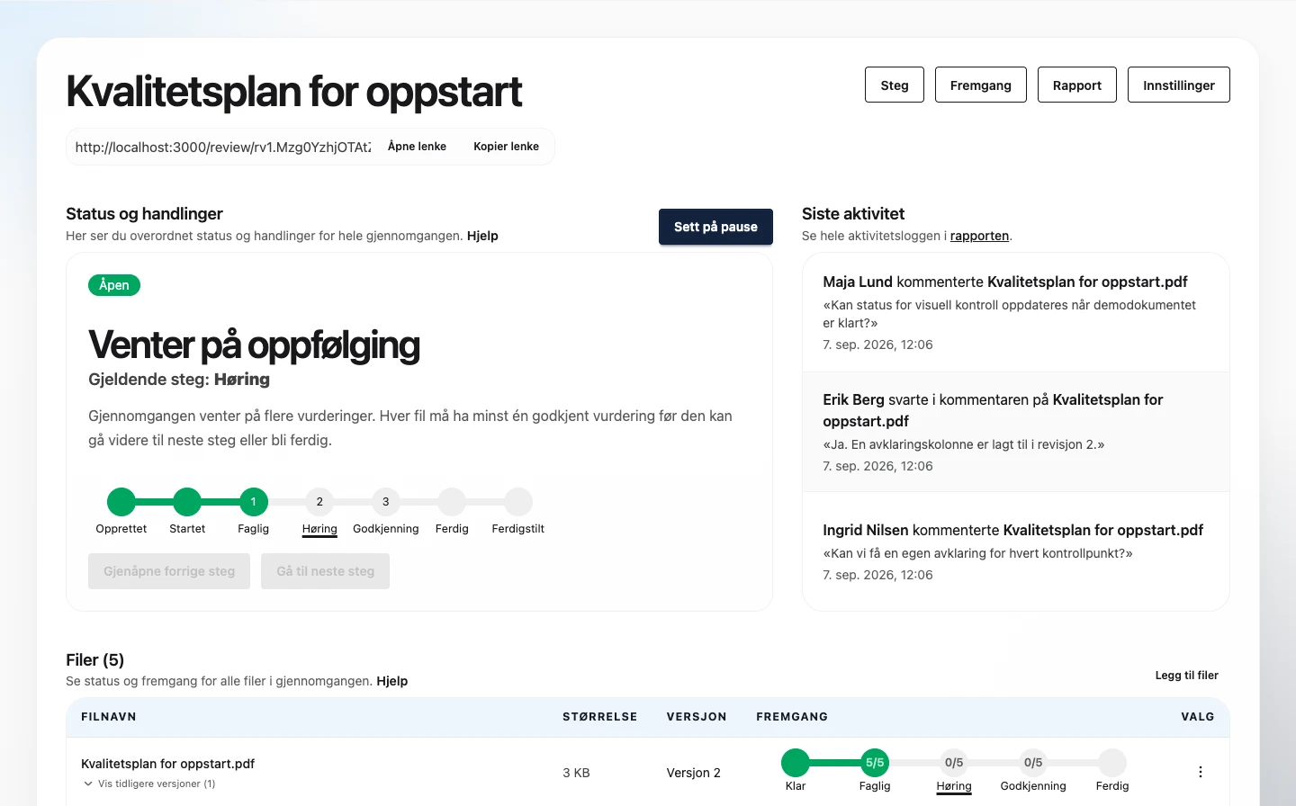 Alvias oversikt over status, filer og fremdrift i en gjennomgang.